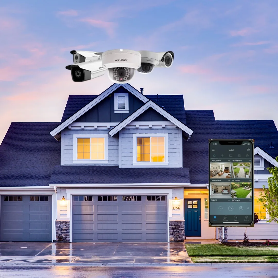 Casa con camaras de videovigilancia Hikvision y app de monitoreo remoto en celular